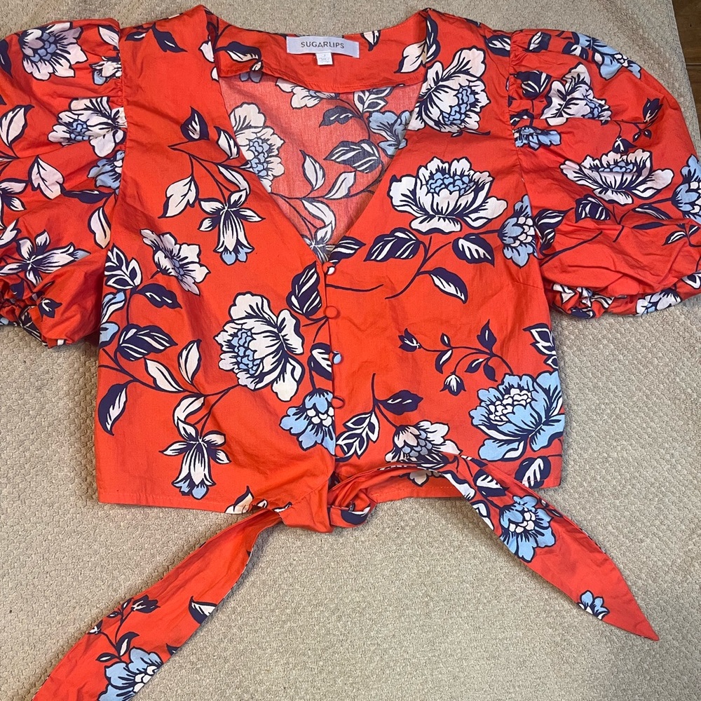 Cropped puff sleeve button down blouse with tie front by SugarLips size medium